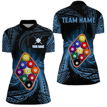 Load image into Gallery viewer, Personalized Blue Tribal Pattern 9 Ball Billiard Shirts For Women, 9 Ball Pool Billiard Jerseys TDM2234
