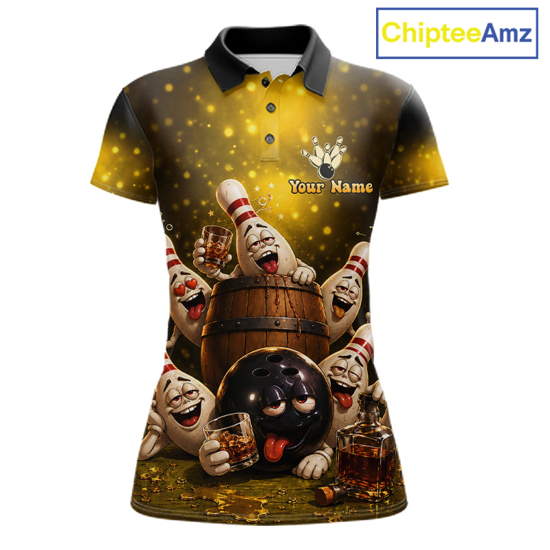 Yellow Funny Drunk Bowling Pins Bourbon Vintage Bowling Shirts For Women Custom Bowling Team Jersey TDM7249