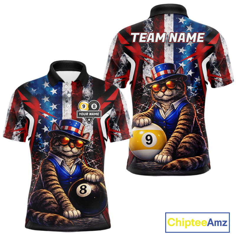Funny Cat 8 Ball & 9 Ball Billiard Shirt For Men Custom Vintage American Flag Pool Team Jersey TDM7519