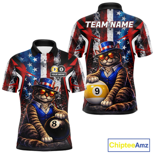 Funny Cat 8 Ball & 9 Ball Billiard Shirt For Men Custom Vintage American Flag Pool Team Jersey TDM7519