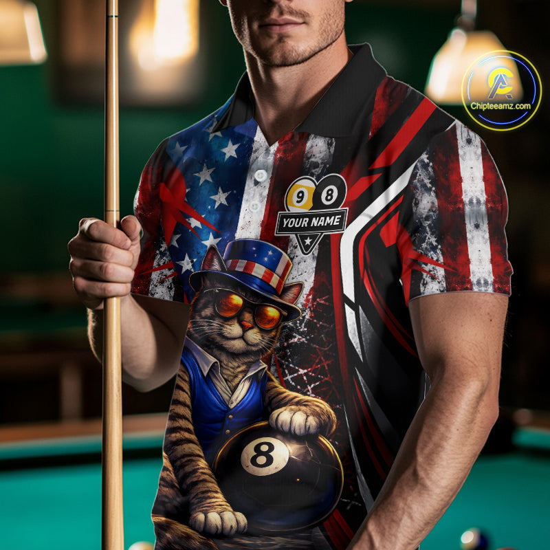 Funny Cat 8 Ball & 9 Ball Billiard Shirt For Men Custom Vintage American Flag Pool Team Jersey TDM7519