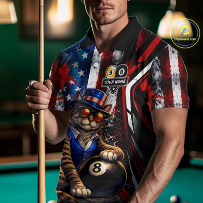Funny Cat 8 Ball & 9 Ball Billiard Shirt For Men Custom Vintage American Flag Pool Team Jersey TDM7519