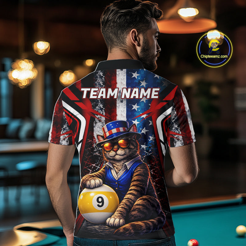 Funny Cat 8 Ball & 9 Ball Billiard Shirt For Men Custom Vintage American Flag Pool Team Jersey TDM7519