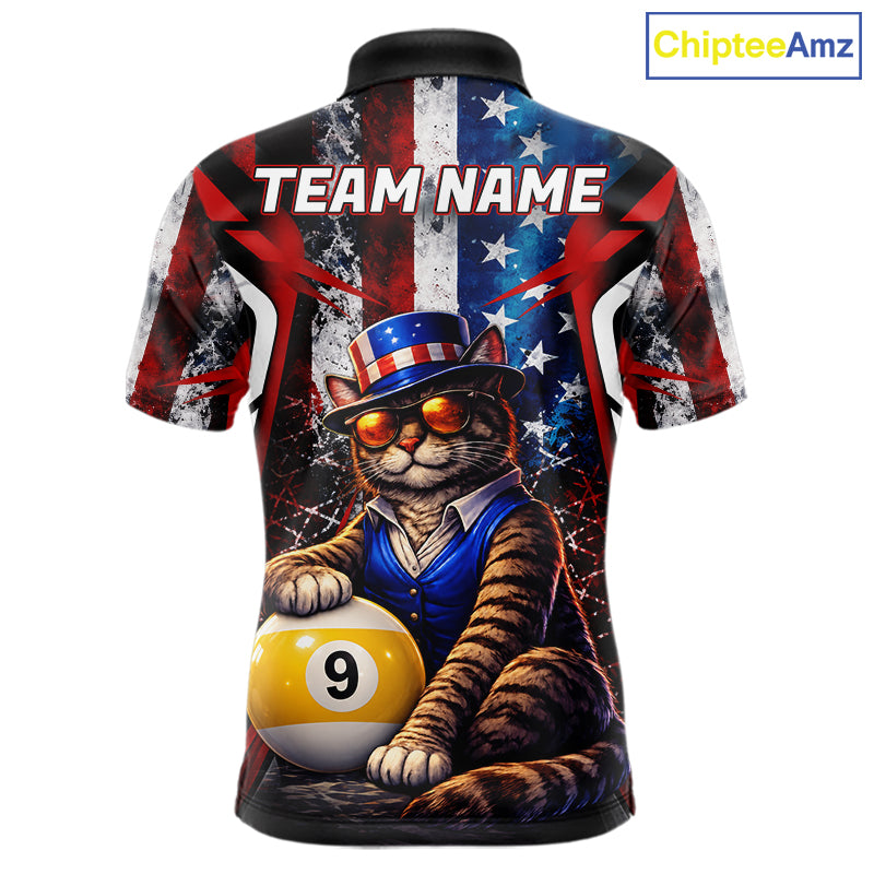 Funny Cat 8 Ball & 9 Ball Billiard Shirt For Men Custom Vintage American Flag Pool Team Jersey TDM7519