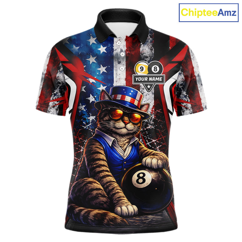 Funny Cat 8 Ball & 9 Ball Billiard Shirt For Men Custom Vintage American Flag Pool Team Jersey TDM7519