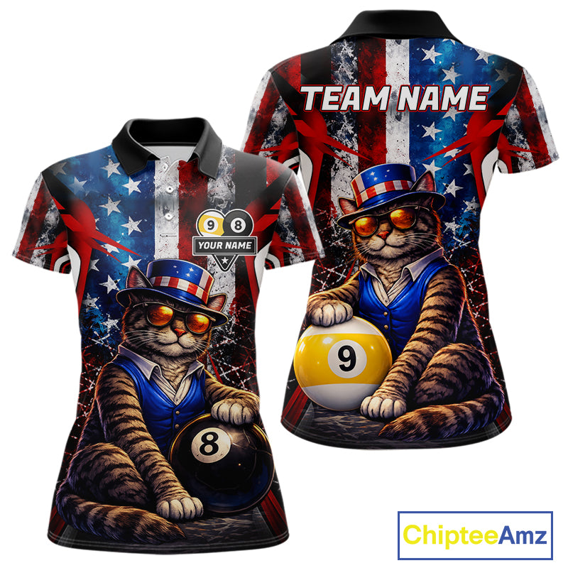 Funny Cat 8 Ball & 9 Ball Billiard Shirt For Women Custom Vintage American Flag Pool Team Jersey TDM7519