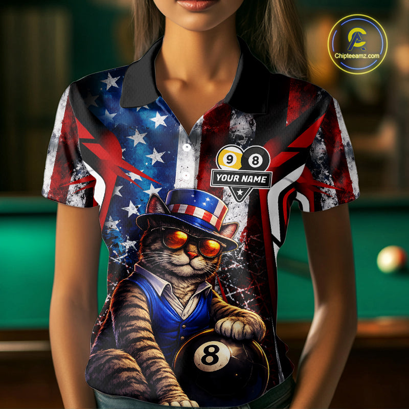 Funny Cat 8 Ball & 9 Ball Billiard Shirt For Women Custom Vintage American Flag Pool Team Jersey TDM7519
