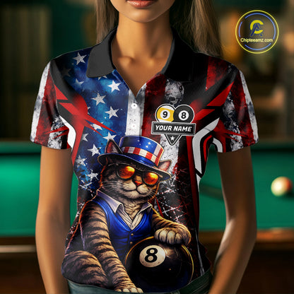 Funny Cat 8 Ball & 9 Ball Billiard Shirt For Women Custom Vintage American Flag Pool Team Jersey TDM7519