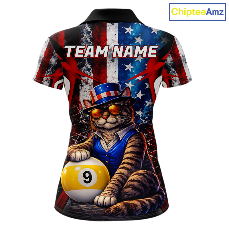 Funny Cat 8 Ball & 9 Ball Billiard Shirt For Women Custom Vintage American Flag Pool Team Jersey TDM7519