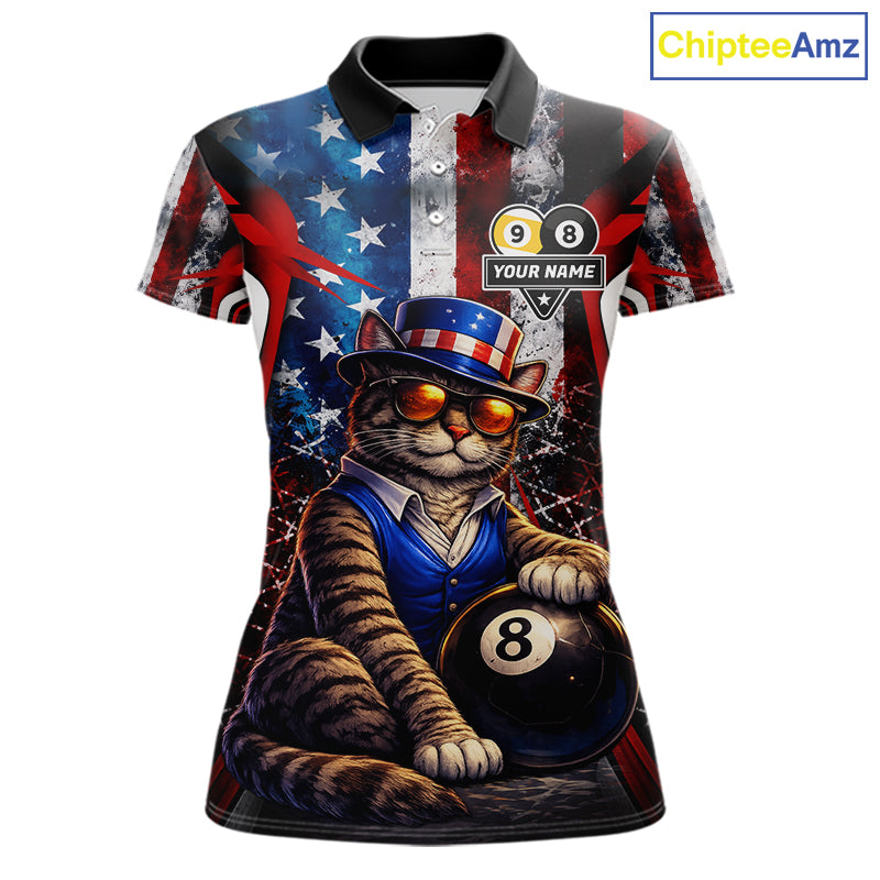 Funny Cat 8 Ball & 9 Ball Billiard Shirt For Women Custom Vintage American Flag Pool Team Jersey TDM7519