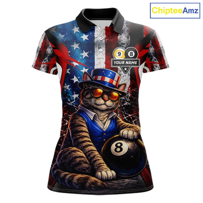 Funny Cat 8 Ball & 9 Ball Billiard Shirt For Women Custom Vintage American Flag Pool Team Jersey TDM7519