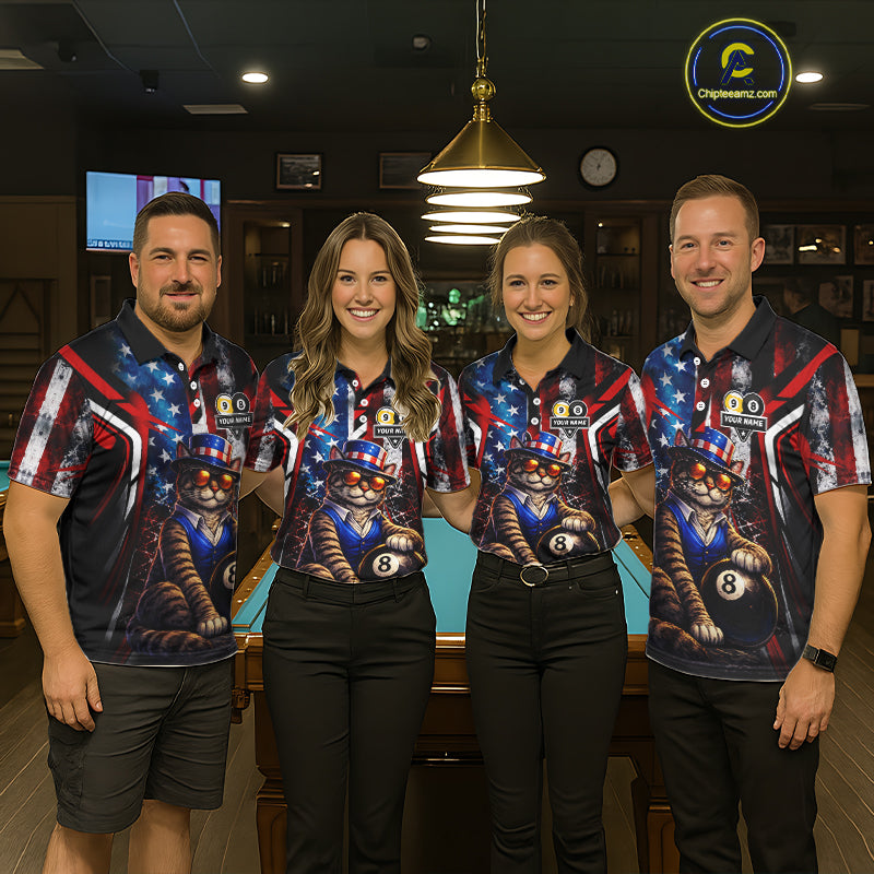 Funny Cat 8 Ball & 9 Ball Billiard Shirt For Men Custom Vintage American Flag Pool Team Jersey TDM7519