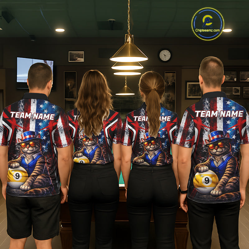 Funny Cat 8 Ball & 9 Ball Billiard Shirt For Men Custom Vintage American Flag Pool Team Jersey TDM7519