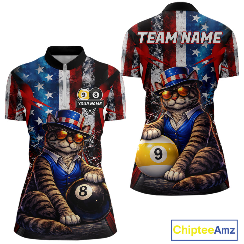 Funny Cat 8 Ball & 9 Ball Billiard Shirt For Women Custom Vintage American Flag Pool Team Jersey TDM7519