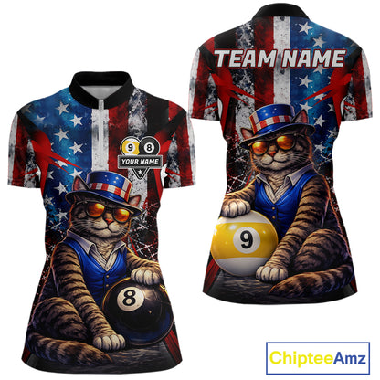 Funny Cat 8 Ball & 9 Ball Billiard Shirt For Women Custom Vintage American Flag Pool Team Jersey TDM7519
