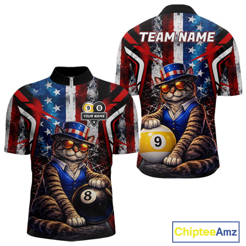 Funny Cat 8 Ball & 9 Ball Billiard Shirt For Men Custom Vintage American Flag Pool Team Jersey TDM7519