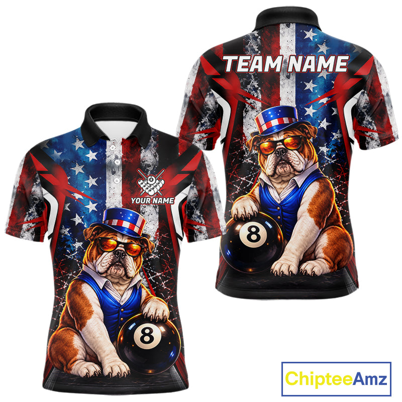 Funny Bulldog 8 Ball Billiard Shirt For Men Custom Vintage US Flag Pool Team Jersey Polo & 1/4 Zip TDM7520