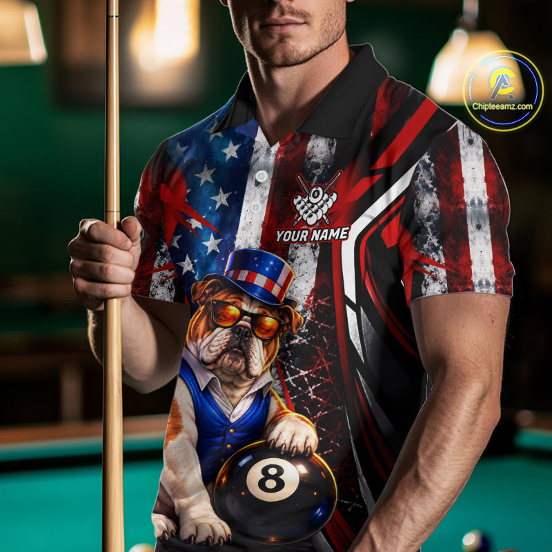 Funny Bulldog 8 Ball Billiard Shirt For Men Custom Vintage US Flag Pool Team Jersey Polo & 1/4 Zip TDM7520
