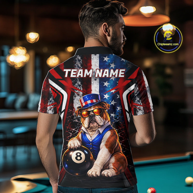 Funny Bulldog 8 Ball Billiard Shirt For Men Custom Vintage US Flag Pool Team Jersey Polo & 1/4 Zip TDM7520