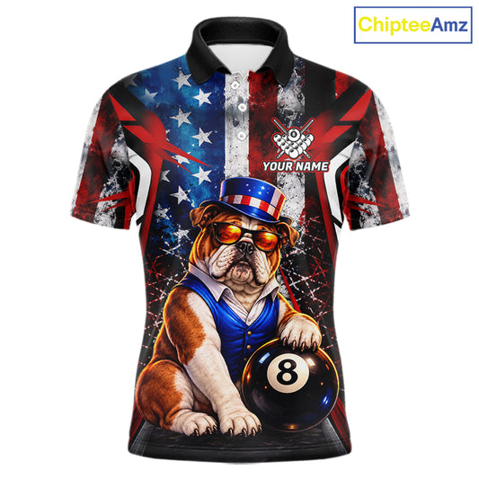Funny Bulldog 8 Ball Billiard Shirt For Men Custom Vintage US Flag Pool Team Jersey Polo & 1/4 Zip TDM7520