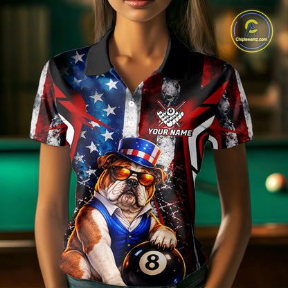 Funny Bulldog 8 Ball Billiard Shirt For Women Custom Vintage US Flag Pool Team Jersey Polo & 1/4 Zip TDM7520
