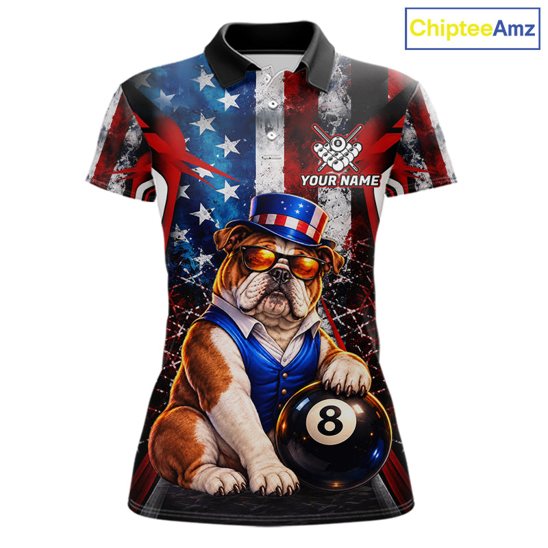 Funny Bulldog 8 Ball Billiard Shirt For Women Custom Vintage US Flag Pool Team Jersey Polo & 1/4 Zip TDM7520