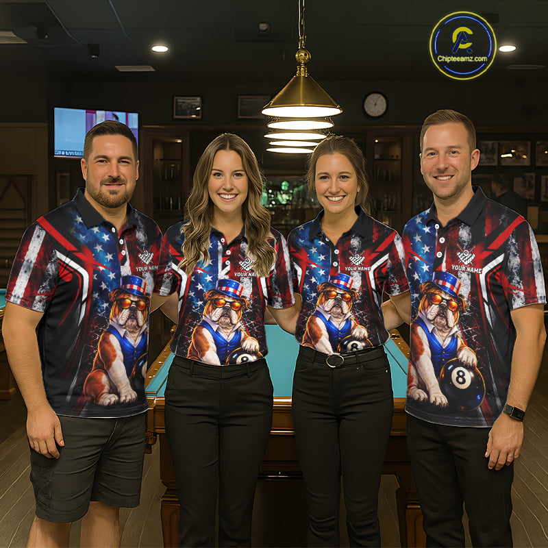 Funny Bulldog 8 Ball Billiard Shirt For Men Custom Vintage US Flag Pool Team Jersey Polo & 1/4 Zip TDM7520
