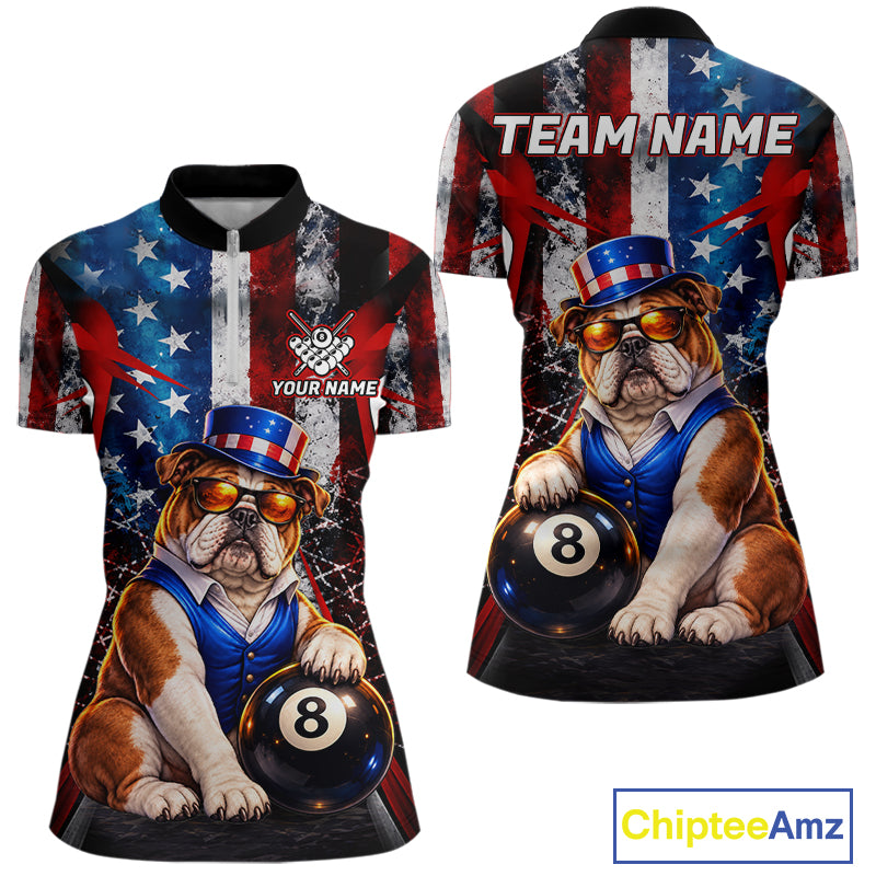 Funny Bulldog 8 Ball Billiard Shirt For Women Custom Vintage US Flag Pool Team Jersey Polo & 1/4 Zip TDM7520