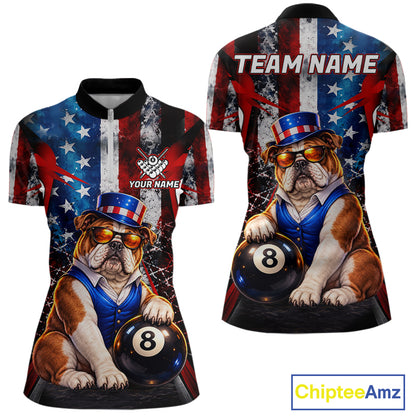 Funny Bulldog 8 Ball Billiard Shirt For Women Custom Vintage US Flag Pool Team Jersey Polo & 1/4 Zip TDM7520