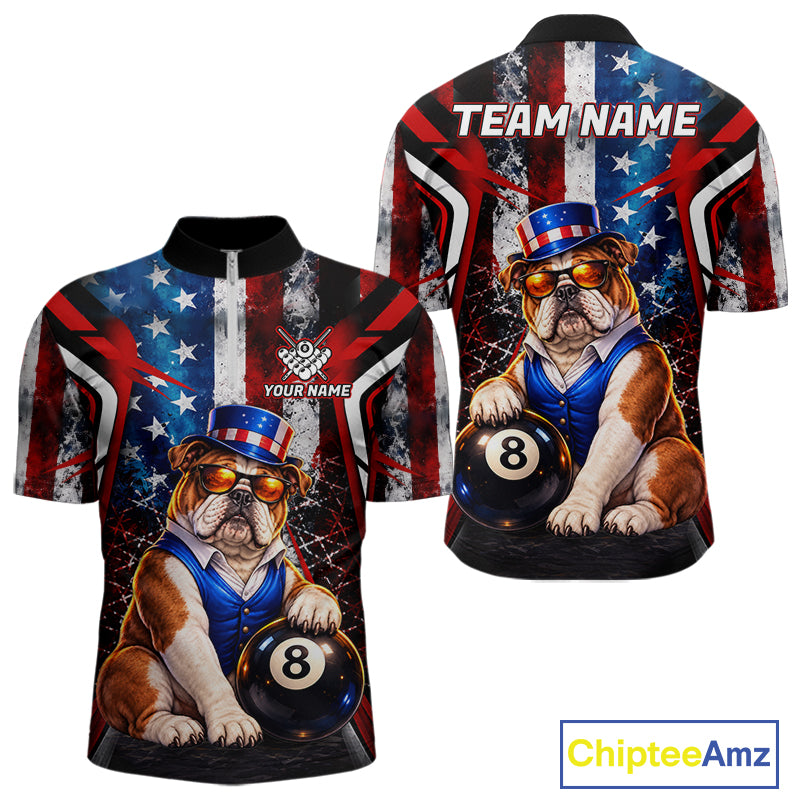 Funny Bulldog 8 Ball Billiard Shirt For Men Custom Vintage US Flag Pool Team Jersey Polo & 1/4 Zip TDM7520