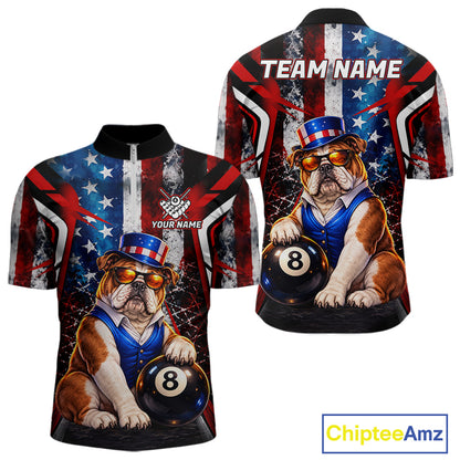 Funny Bulldog 8 Ball Billiard Shirt For Men Custom Vintage US Flag Pool Team Jersey Polo & 1/4 Zip TDM7520