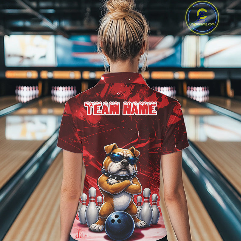 Personalized Red Funny Bulldog Bowling Shirt For Women Custom Bowling Team Jersey Polo & 1/4 Zip TDM7880