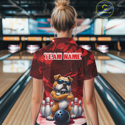 Personalized Red Funny Bulldog Bowling Shirt For Women Custom Bowling Team Jersey Polo & 1/4 Zip TDM7880