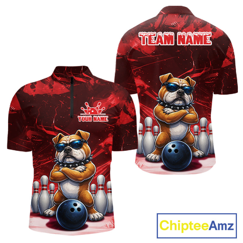 Personalized Red Funny Bulldog Bowling Shirt For Men Custom Bowling Team Jersey Polo & 1/4 Zip TDM7880