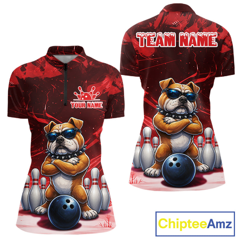 Personalized Red Funny Bulldog Bowling Shirt For Women Custom Bowling Team Jersey Polo & 1/4 Zip TDM7880