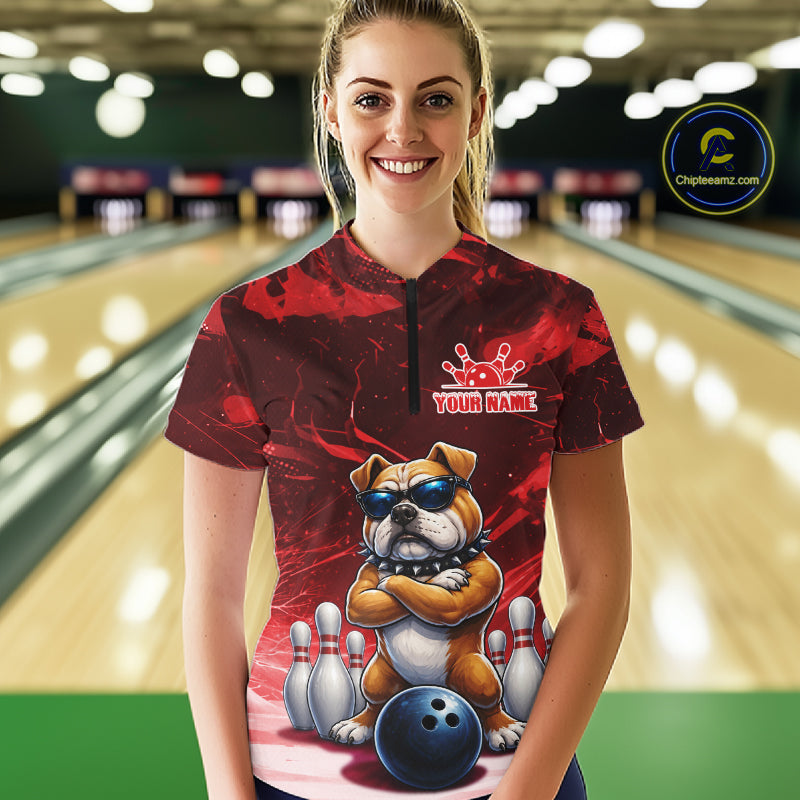 Personalized Red Funny Bulldog Bowling Shirt For Women Custom Bowling Team Jersey Polo & 1/4 Zip TDM7880