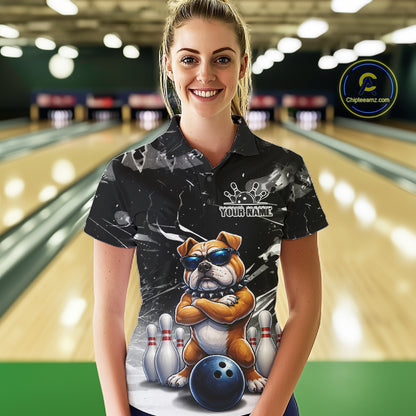 Personalized Black Funny Bulldog Bowling Shirt For Women Custom Bowling Team Jersey Polo & 1/4 Zip TDM7881