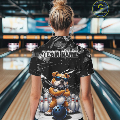 Personalized Black Funny Bulldog Bowling Shirt For Women Custom Bowling Team Jersey Polo & 1/4 Zip TDM7881