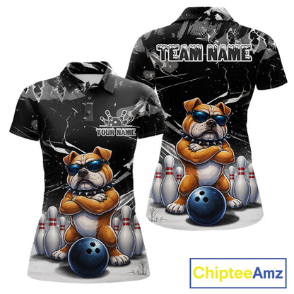 Personalized Black Funny Bulldog Bowling Shirt For Women Custom Bowling Team Jersey Polo & 1/4 Zip TDM7881
