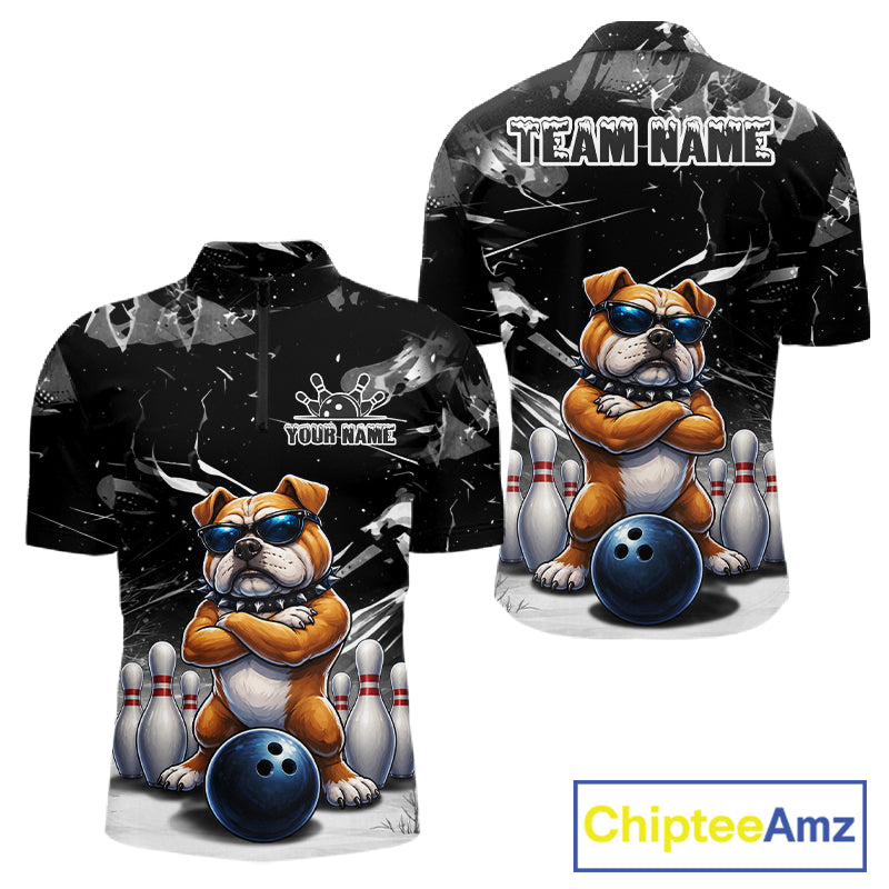 Personalized Black Funny Bulldog Bowling Shirt For Men Custom Bowling Team Jersey Polo & 1/4 Zip TDM7881