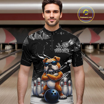 Personalized Black Funny Bulldog Bowling Shirt For Men Custom Bowling Team Jersey Polo & 1/4 Zip TDM7881