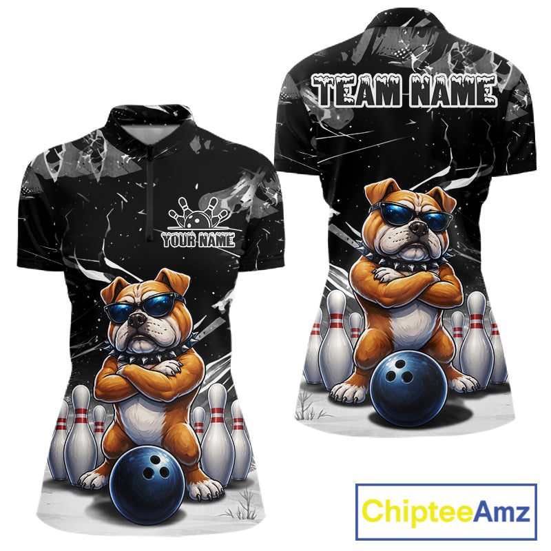 Personalized Black Funny Bulldog Bowling Shirt For Women Custom Bowling Team Jersey Polo & 1/4 Zip TDM7881
