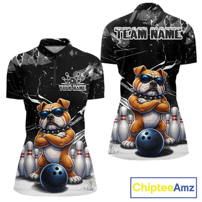 Personalized Black Funny Bulldog Bowling Shirt For Women Custom Bowling Team Jersey Polo & 1/4 Zip TDM7881