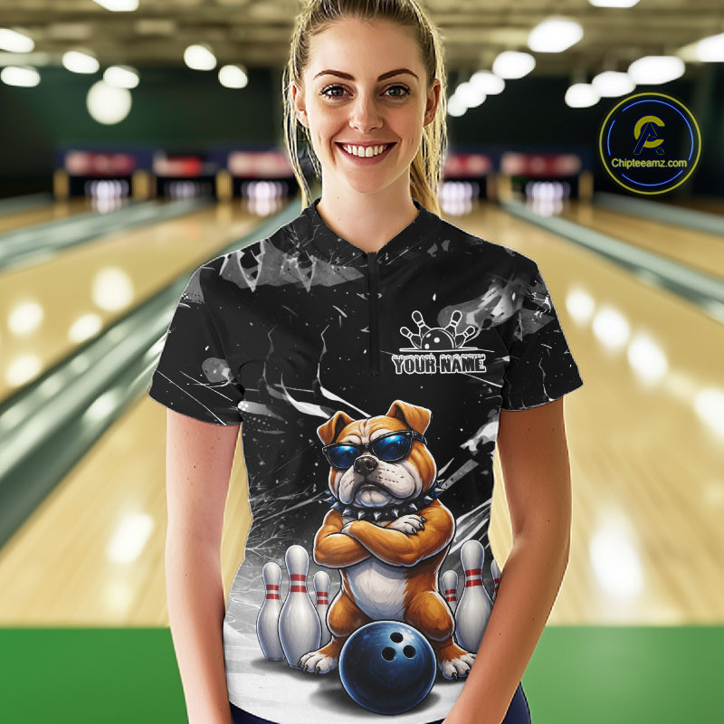 Personalized Black Funny Bulldog Bowling Shirt For Women Custom Bowling Team Jersey Polo & 1/4 Zip TDM7881