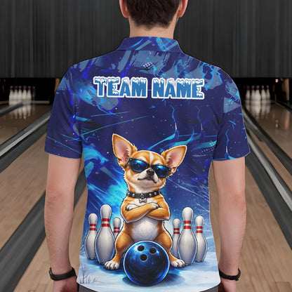 Blue Funny Chihuahua Dog Bowling Shirt For Men Custom Bowling Team Jersey Polo & Quarter Zip TDM7882