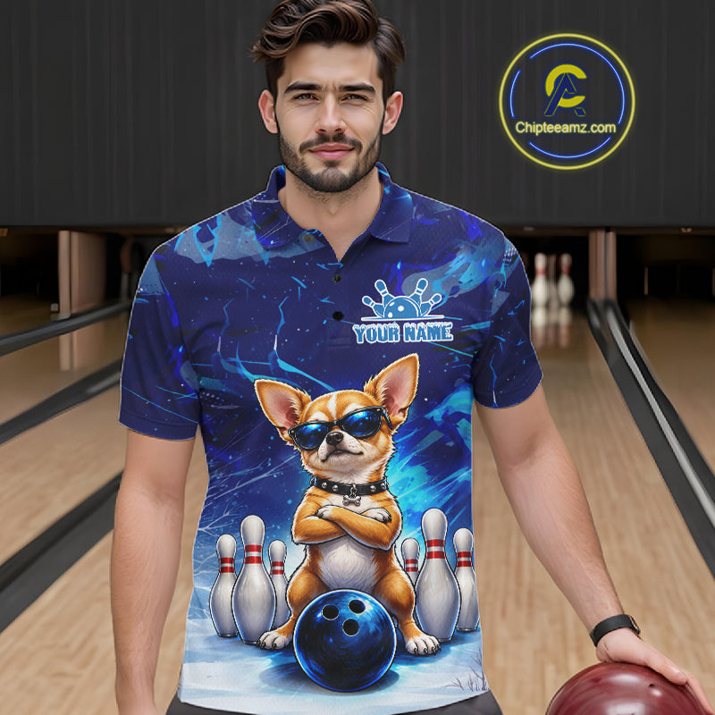 Blue Funny Chihuahua Dog Bowling Shirt For Men Custom Bowling Team Jersey Polo & Quarter Zip TDM7882