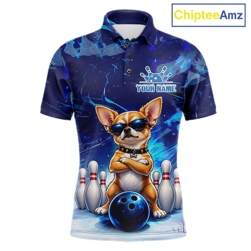 Blue Funny Chihuahua Dog Bowling Shirt For Men Custom Bowling Team Jersey Polo & Quarter Zip TDM7882