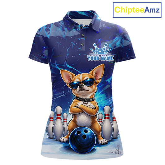 Blue Funny Chihuahua Dog Bowling Shirt For Women Custom Bowling Team Jersey Polo & Quarter Zip TDM7882