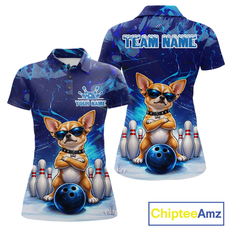 Blue Funny Chihuahua Dog Bowling Shirt For Women Custom Bowling Team Jersey Polo & Quarter Zip TDM7882