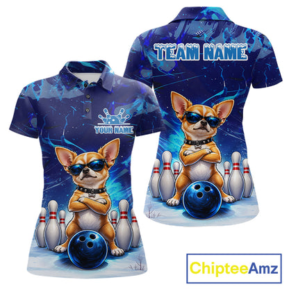 Blue Funny Chihuahua Dog Bowling Shirt For Women Custom Bowling Team Jersey Polo & Quarter Zip TDM7882